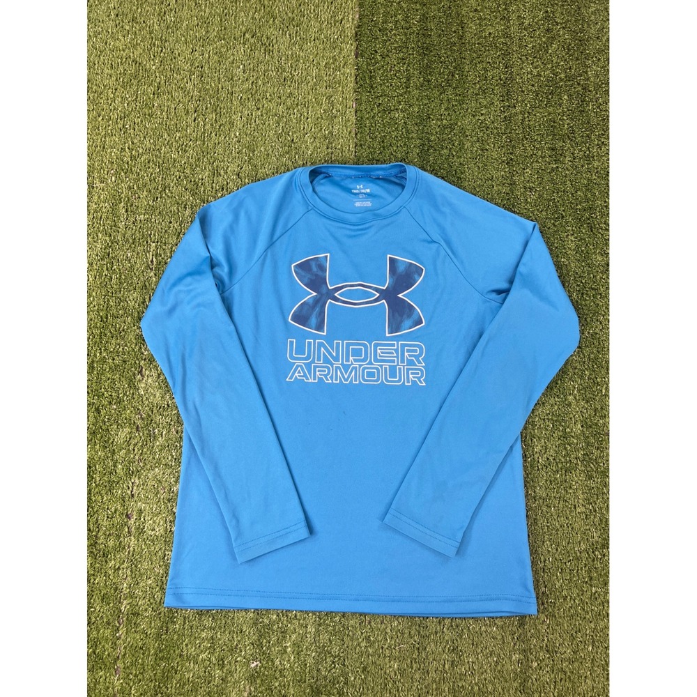 Under Armour Boys Blue Long Sleeve Graphic Logo Performance Tee Shirt Size YMD